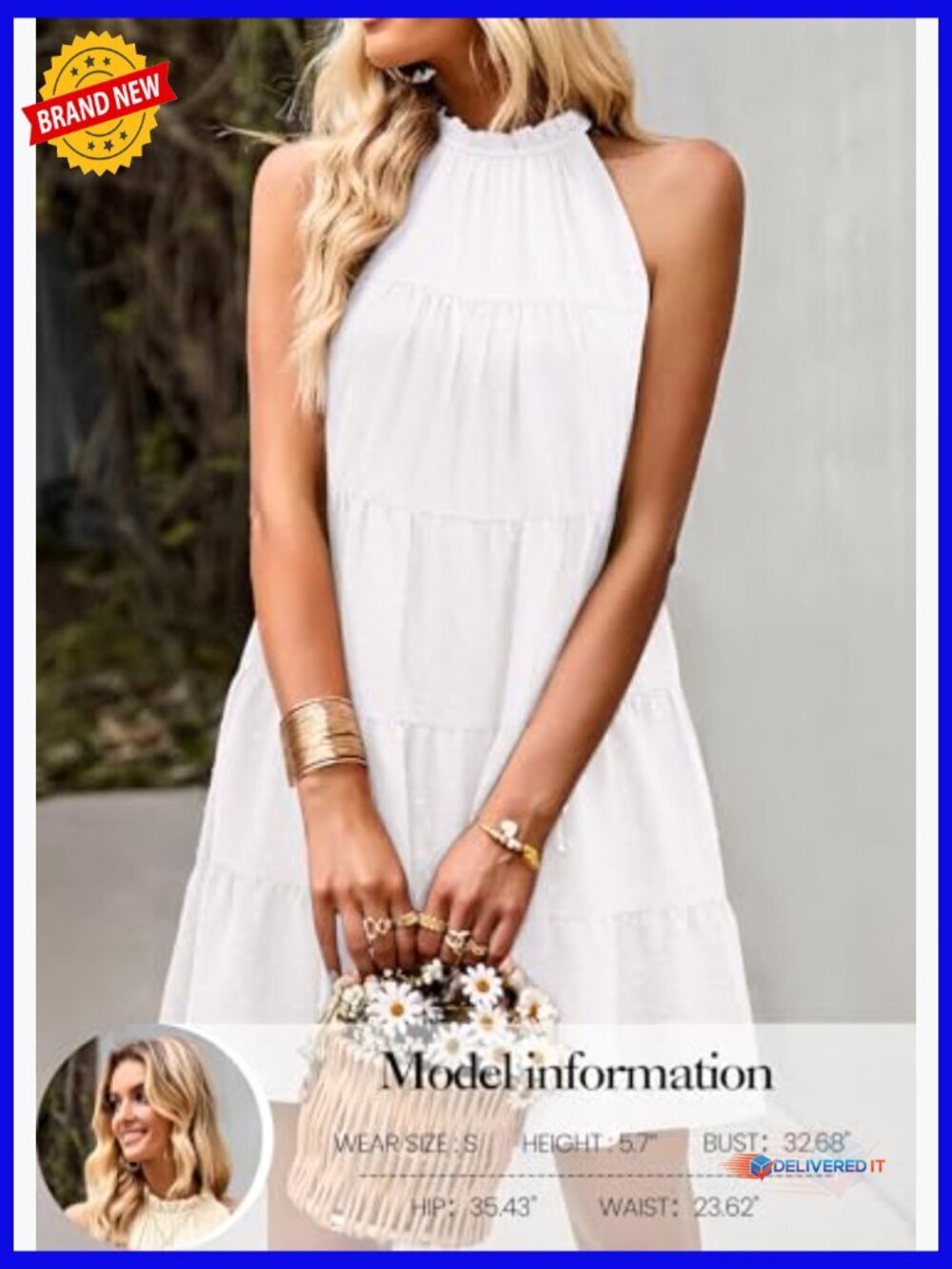 Halter Flowy Babydoll Sundress Tie Belt Sleeveless A-Line Mini - Picture 4 of 7